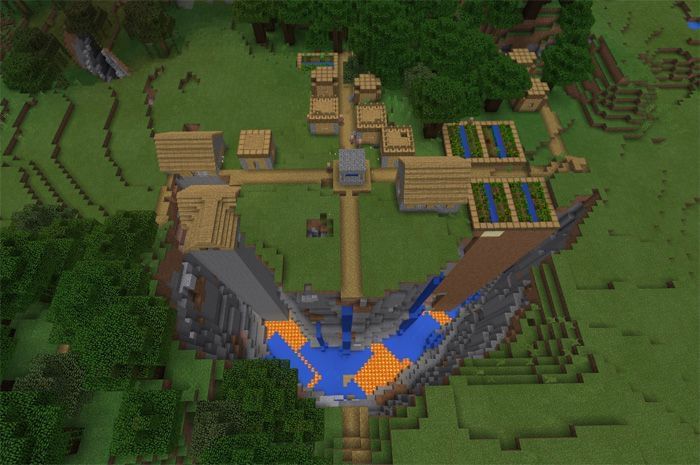 A village next to a Minecraft ravine (Image via mcpedl)