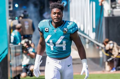 Myles Jack gets set for the New Orleans Saints v Jacksonville Jaguars contest in 2019