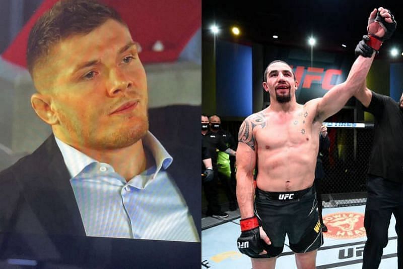 Marvin Vettori sitting cage-side (left) and Robert Whittaker (right) after defeating Kelvin Gastelum at UFC Vegas 24