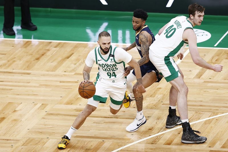 Evan Fournier (with ball) with the Boston Celtics will be available in 2021 NBA free agency.