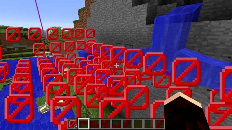 Barrier blocks are little square red blocks that literally look like &ldquo;do not cross&rdquo; symbols (Image via Minecraft Fandom)