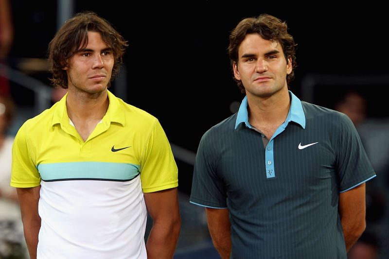 Roger Federer beat Rafael Nadal (L) to win the 2009 Madrid Masters