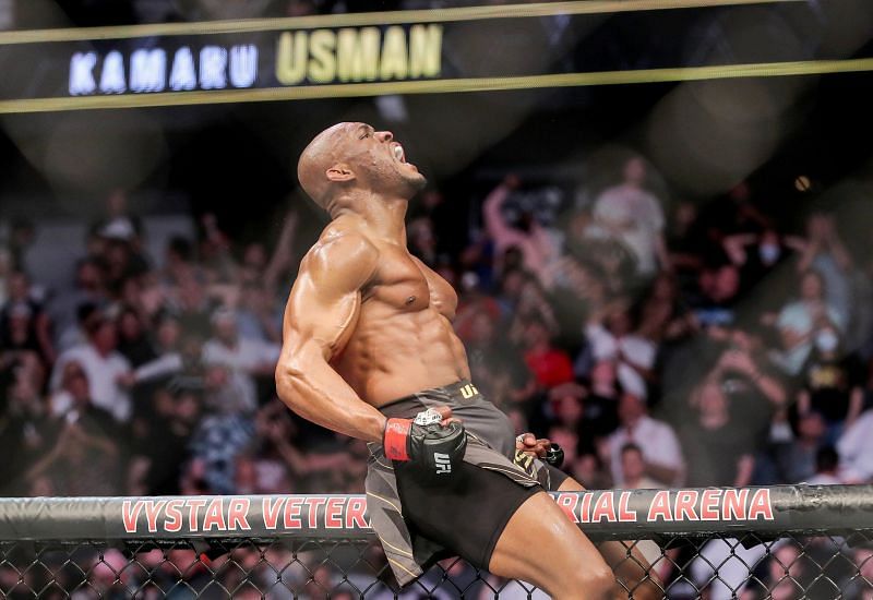 Kamaru Usman roars after his UFC 261 win