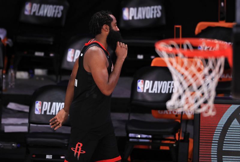 James Harden #13 of the Houston Rockets exits the court after their loss to LA Lakers in the Western Conference Second Round.