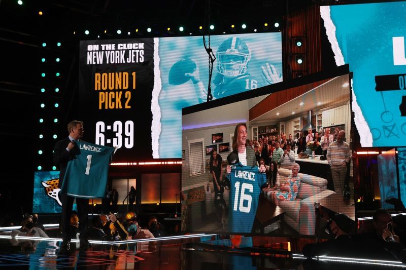 NFL Commissioner Roger Goodell announces the Jacksonville Jaguars selection of Trevor Lawrence with the first pick of the 2021 NFL Draft at the Great Lakes Science Center on April 29, 2021, in Cleveland, Ohio.