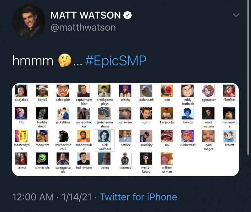 Matt&#039;s official leak of the Epic SMP guest list (Image via matthwatson on Twitter)