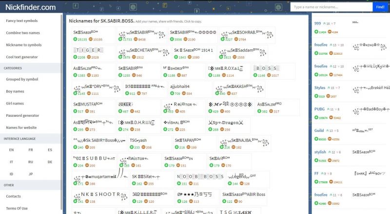 Names like SK Sabir Boss on Nickfinder