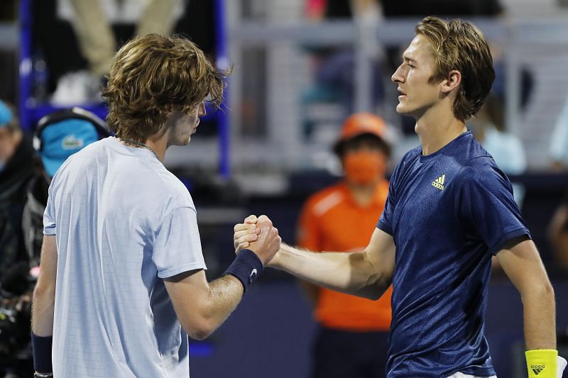 Andrey Rublev and Sebastian Korda shake hands after their quarterfinal encounter in Miami