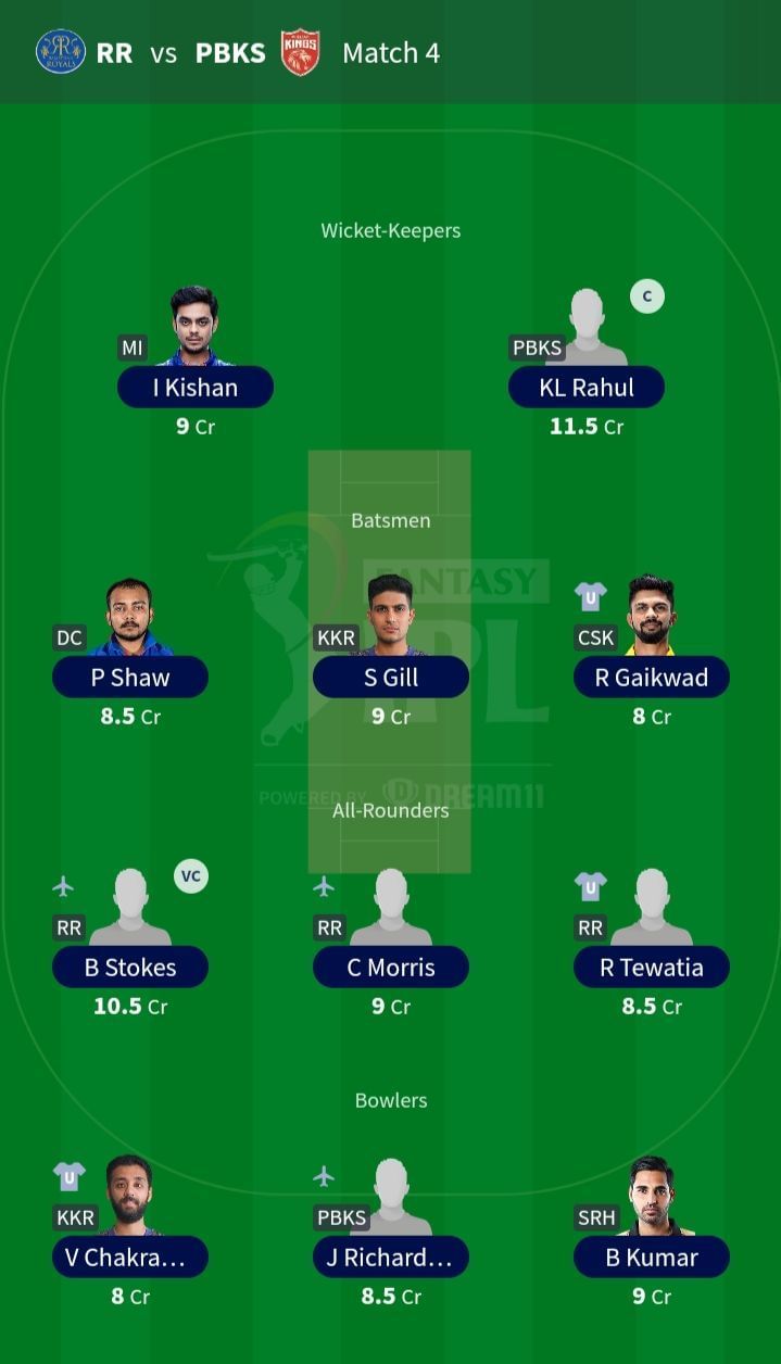 Suggested Team for Match 4- RR vs PBKS. The team suggested for Match 2 The team suggested for Match 2