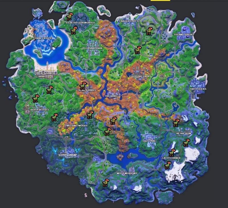 Map showing the location of all the raptor spawns in Fortnite. Image via Fortnite.gg