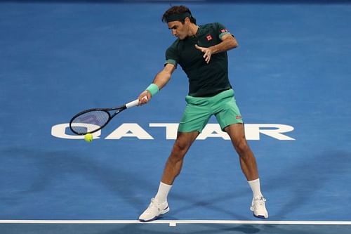 Roger Federer at the Qatar ExxonMobil Open in Doha, Qatar in March 2021