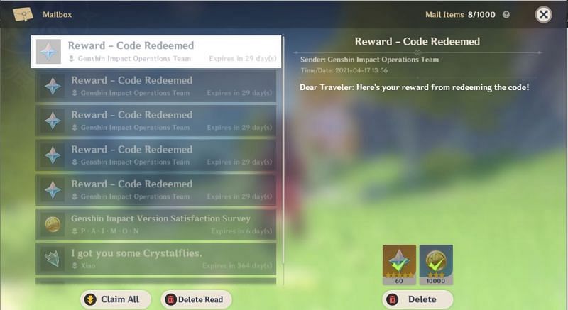 Redeem code rewards will be sent to the in-game mail in Genshin Impact