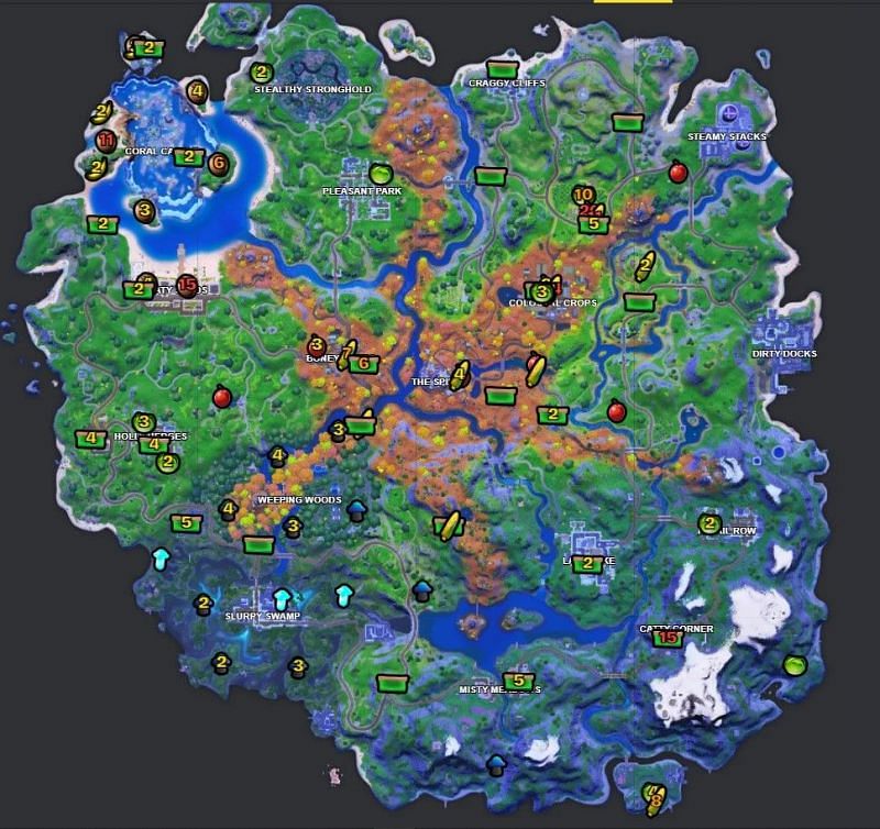 Map showing the location of all the forageable items in Fortnite. Image via Fortnite.gg