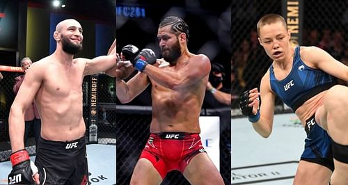 UFC rankings update has big news for Khamzat Chimaev (Left), Jorge Masvidal (Center), and Rose Namajunas (Right)