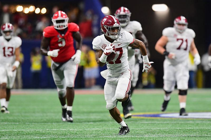 Alabama wide receiver Jaylen Waddle breaks away for a touchdown against the Georgia Bulldogs in a game from 2018.