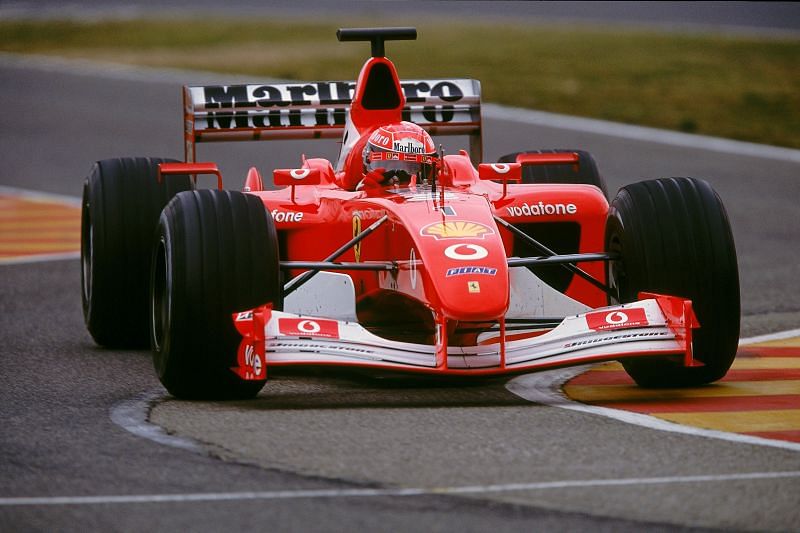 Michael Schumacher testing the Ferrari F2002 car in Mugello, Italy. (Photo Credits: Mark Thompson /Allsport)