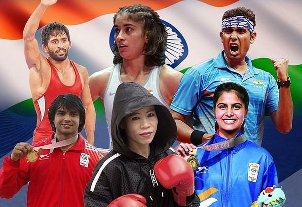 Top Row - from left - Bajrang Punia, Vinesh Phogat, Achanta Sharath Kamal; Bottom row - From left - Neeraj Chopra, Mary Kom, Manu Bhaker