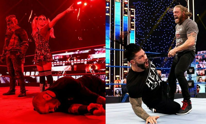 The Fiend, Alexa Bliss, and Randy Orton; Edge and Roman Reigns