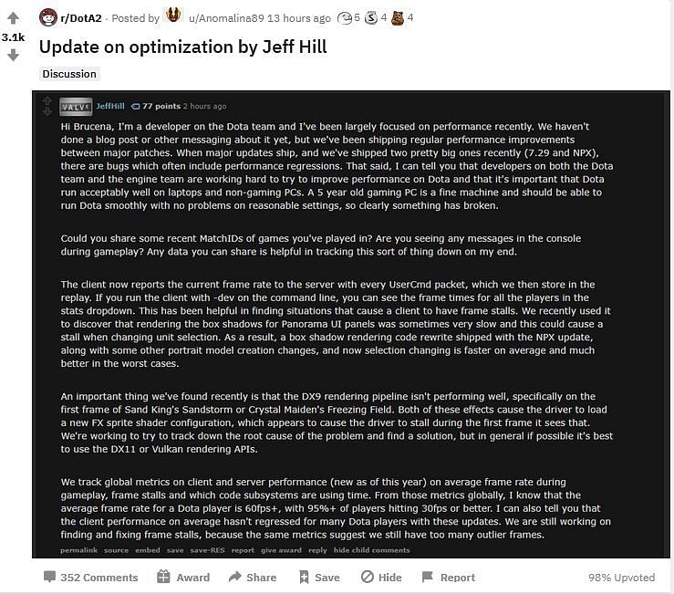 Update on enhanced optimization by DotA 2 developer (Image via Reddit)