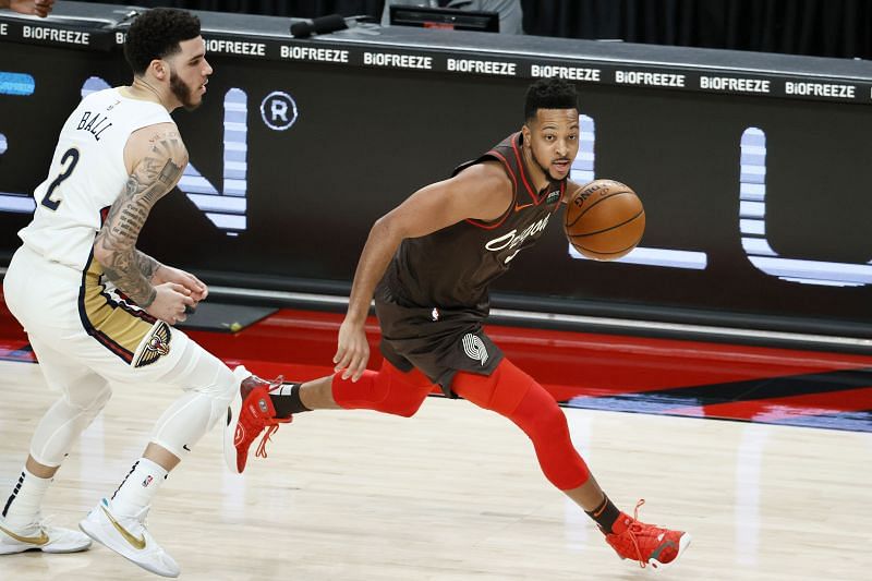 CJ McCollum (right) in action against the New Orleans Pelicans.