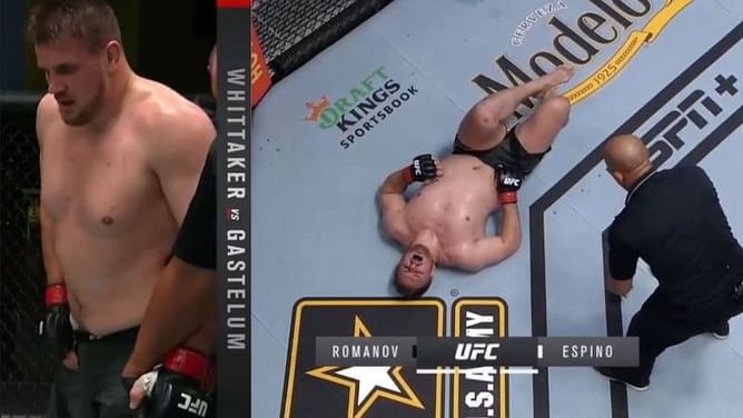 Alexander Romanov was transported to the hospital after a groin shot brought his UFC Vegas 24 fight to an early end