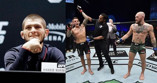 Khabib Nurmagomedov (left), Dustin Poirier (center), Conor McGregor (right)