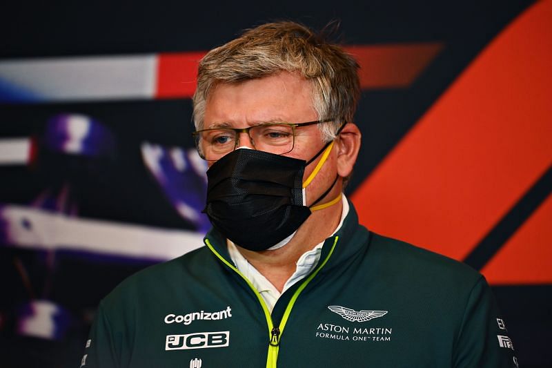 Otmar Szafnauer, Team Principal and CEO of Aston Martin F1 talks in the Team Principals&#039; Press Conference during practice ahead of the 2021 Imola GP. Photo: Clive Mason/Getty Images. 