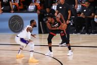 Jimmy Butler guarded by LeBron James in the 2020 NBA Finals.