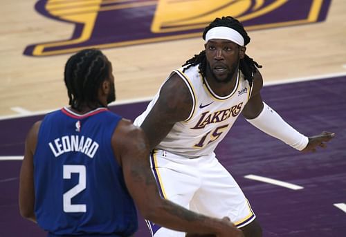 Montrezl Harrell #15 of the LA Lakers defends Kawhi Leonard #2 of the LA Clippers