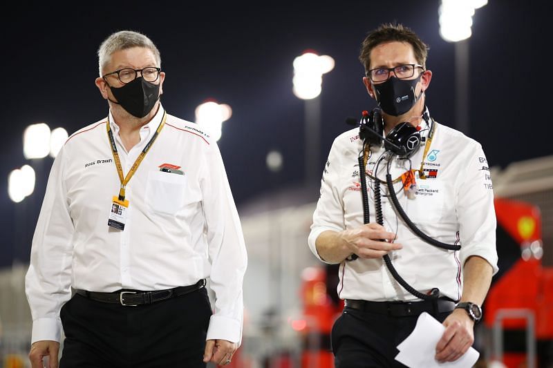 Mercedes&#039; Andrew Shovlin (R) with Ross Brawn (L) at the 2021 Bahrain Grand Prix. Photo: Mark Thompson/Getty Images.