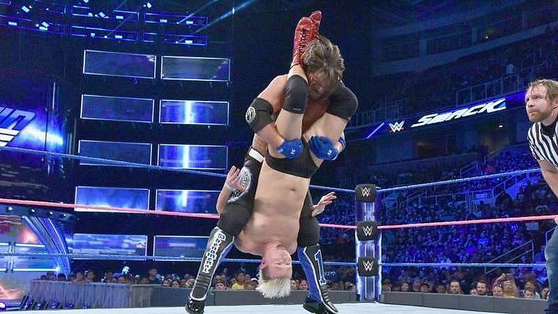 AJ Styles gives James Ellsworth a Styles Clash on SmackDown.