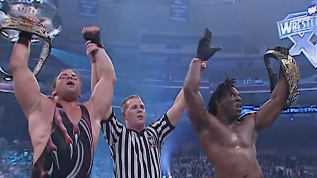Booker T and Rob Van Dam successfully retaining the World Tag Team Championships at WrestleMania 20