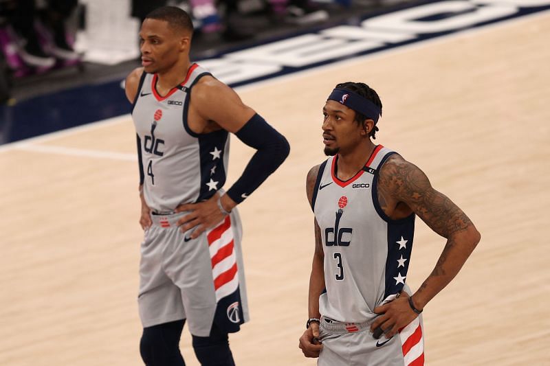 Bradley Beal (#3) and Russell Westbrook (#4) of the Washington Wizards
