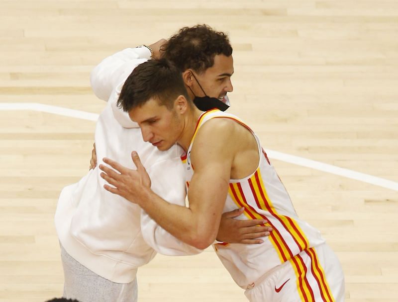 Bogdan Bogdanovic and Trae Young of the Atlanta Hawks.