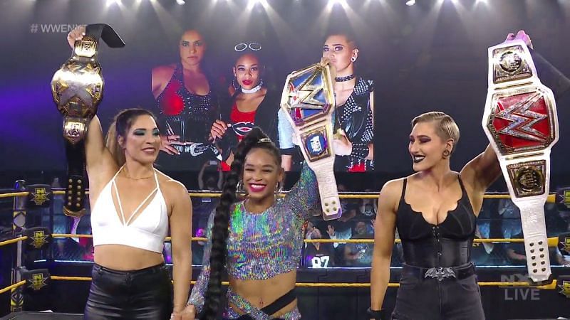 Raquel Gonzalez, Bianca Belair, and Rhea Ripley