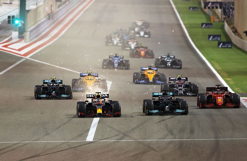 Lewis Hamilton narrowly beat Verstappen in Bahrain. (Photo by Bryn Lennon/Getty Images)