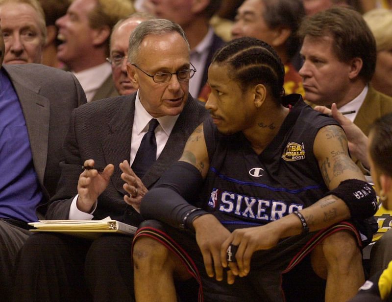 Allen Iverson #3 of the Philadelphia 76ers listens to his coach Larry Brown during the 2001 NBA Finals