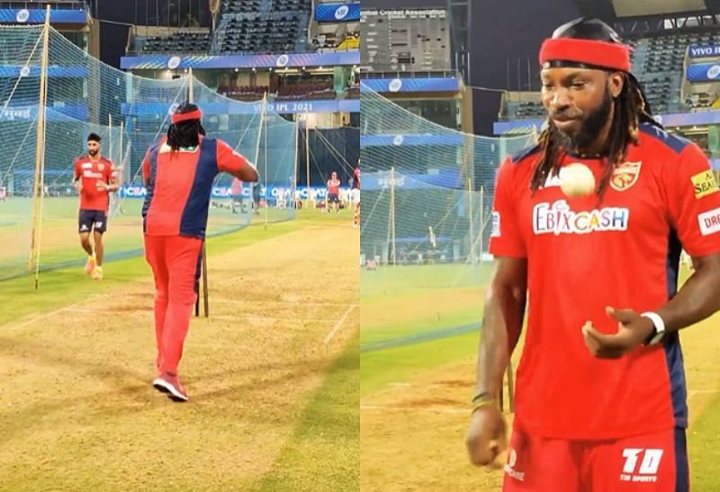 Chris Gayle bowling in the Punjab Kings&#039; nets. Pic: Punjab Kings