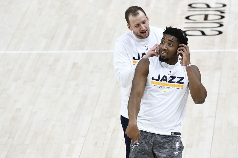 Donovan Mitchell and Joe Ingles of the Utah Jazz