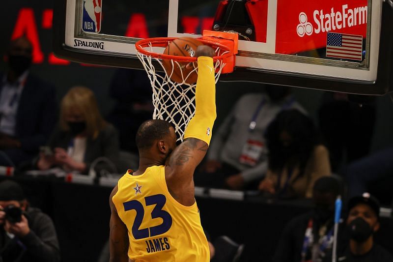 LeBron James dunks the ball at the 2021 NBA All-Star Game.