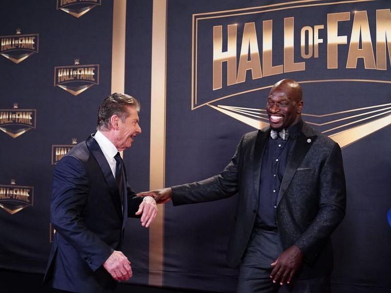 Titus O&#039;Neil and Vince McMahon having some fun at the 2021 WWE Hall of Fame ceremony