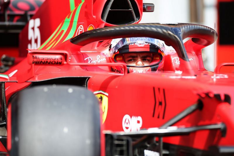 Ferrari&#039;s Carlos Sainz exits pitlane during 2021 Imola GP practice. (Photo by Peter Fox/Getty Images)