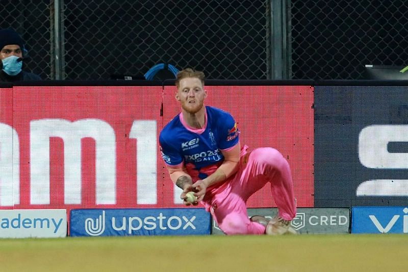 Ben Stokes of Rajasthan Royals takes the catch of Chris Gayle during IPL 2021