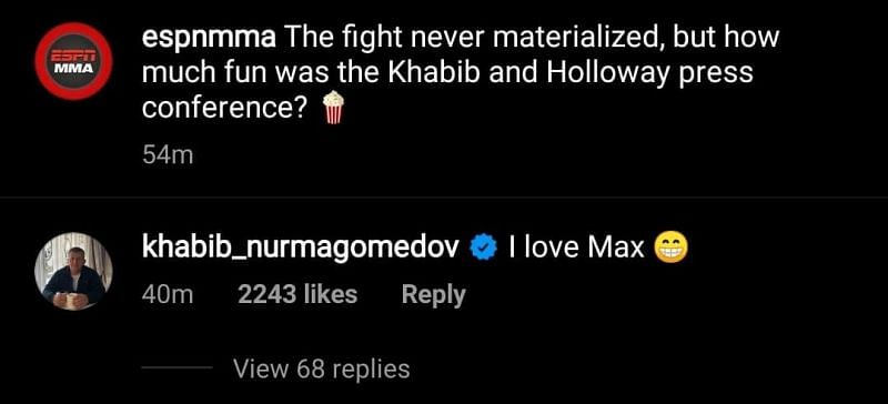 Khabib Nurmagomedov shows his love for Max Holloway.