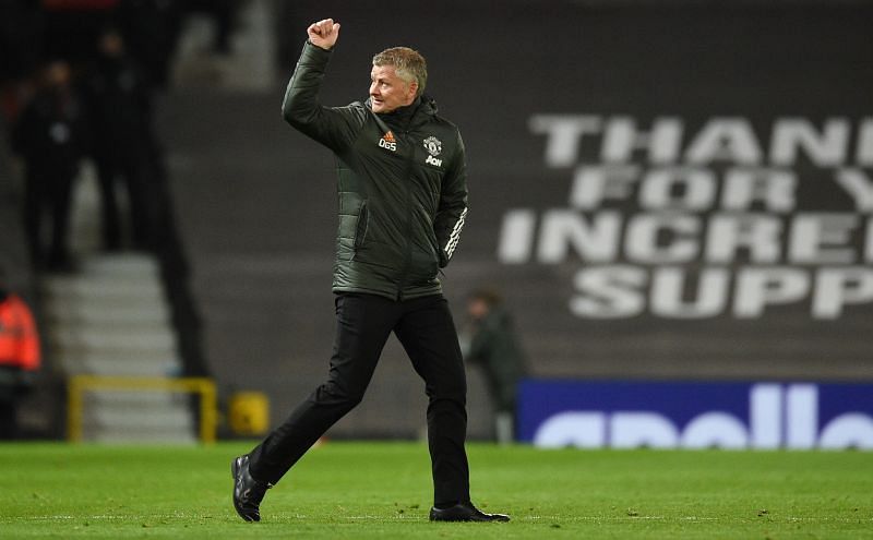 Manchester United manager Ole Gunnar Solskjaer celebrates his team&#039;s win against Brighton