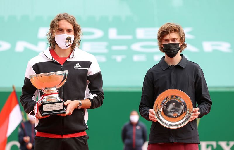 Stefanos Tsitsipas and Andrey Rublev with their respective trophies at Monte Carlo