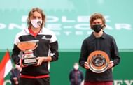 Stefanos Tsitsipas and Andrey Rublev with their respective trophies at Monte Carlo