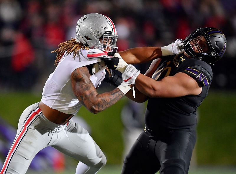 Northwestern Offensive Tackle Rashawn Slater held his own against elite big ten pass rushers like Ohio State&#039;s Chase Young in 2019.