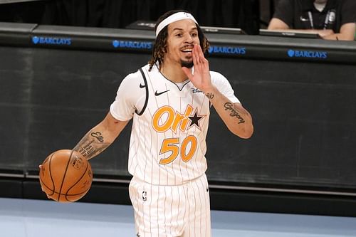 Cole Anthony #50 calls a play during the second half against the Brooklyn Nets.