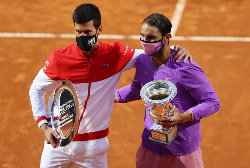 Novak Djokovic &amp; Rafael Nadal with their respective trophies